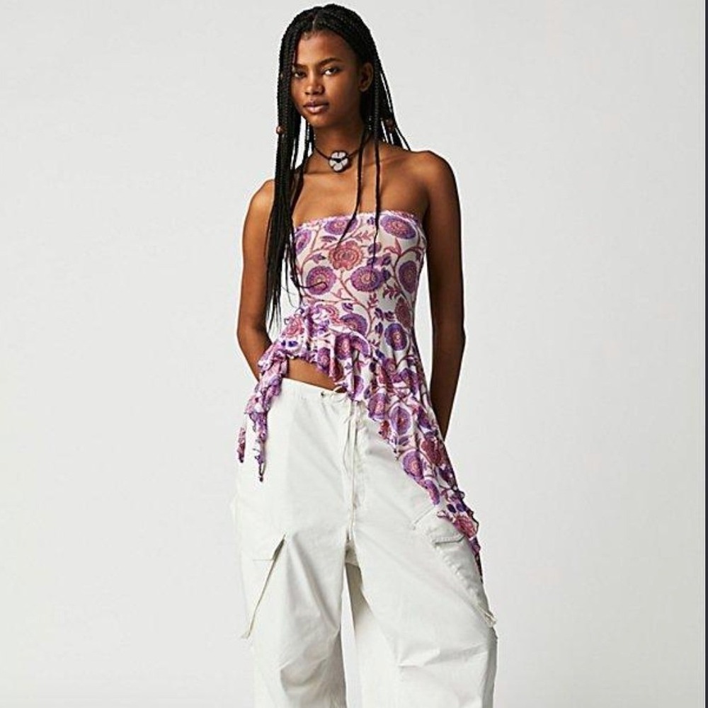 Free People Boho Fairy Floral Mesh Asymmetrical Ruffle Tube Top Size S Festival